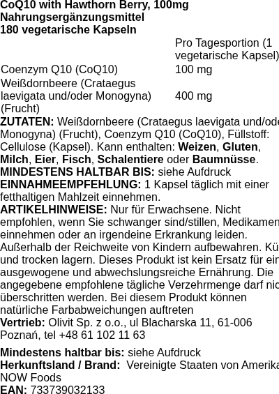Produktetikett — CoQ10 with Hawthorn Berry, 100mg - 180 vcaps
