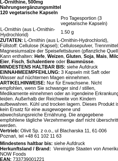 Produktetikett — L-Ornithine, 500mg - 120 vcaps