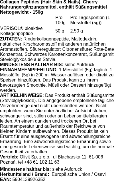 Produktetikett — Collagen Peptides (Hair Skin & Nails), Cherry - 150 grams