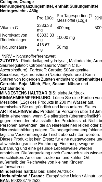 Produktetikett — Collagen, Orange - 480 grams
