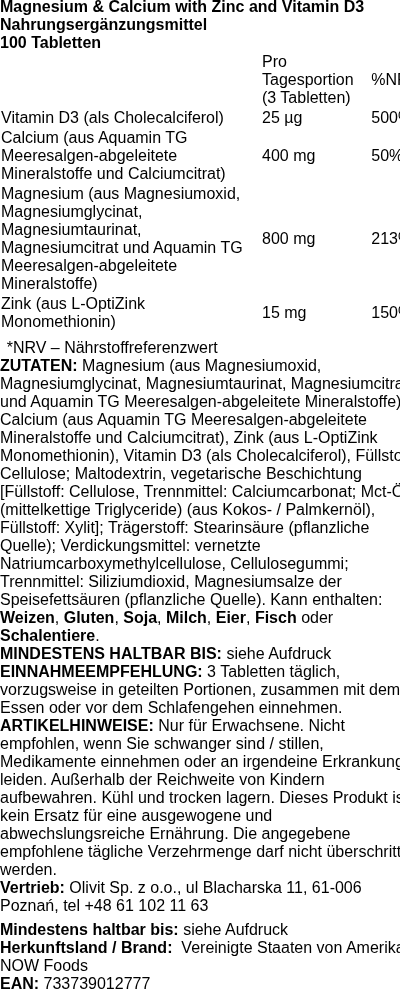 Produktetikett — Magnesium & Calcium with Zinc and Vitamin D3 - 100 tablets