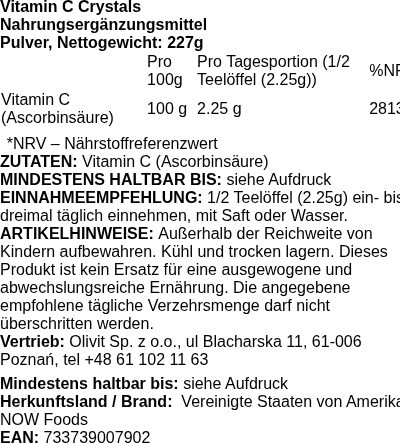 Produktetikett — Vitamin C Crystals - 227 grams