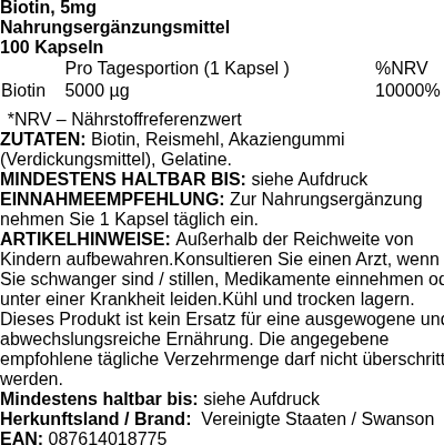 Produktetikett — Biotin, 5000mcg - 100 caps