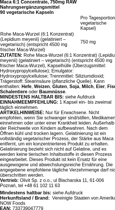 Produktetikett — Maca 6:1 Concentrate, 750mg RAW - 90 vcaps