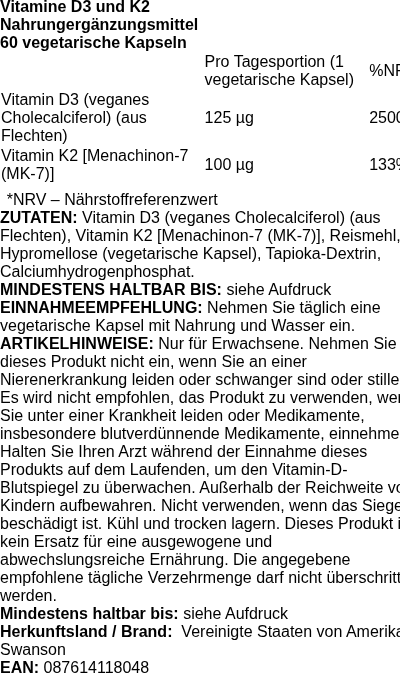 Produktetikett — Vitamins D3 & K2, 125mcg & 100mcg - 60 vcaps