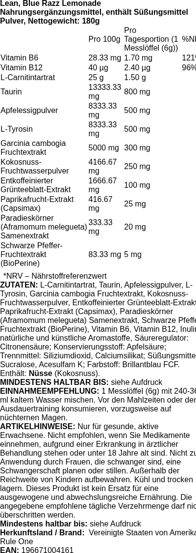 Produktetikett — Lean, Blue Razz Lemonade - 180 grams