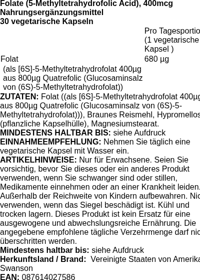 Produktetikett — Folate (5-Methyltetrahydrofolic Acid), 400mcg - 30 vcaps