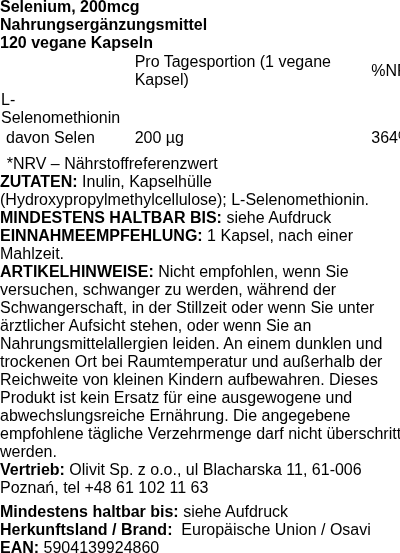 Produktetikett — Selenium, 200mcg - 120 vegan caps