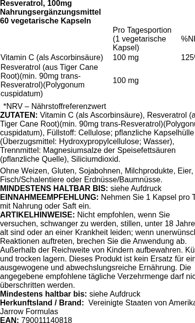 Produktetikett — Resveratrol, 100mg - 60 vcaps