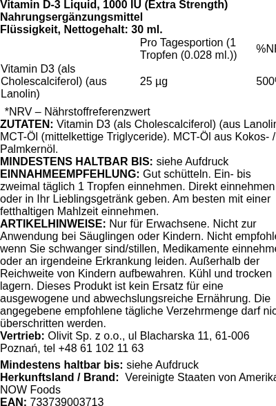 Produktetikett — Vitamin D-3 Liquid, 1000 IU (Extra Strength) - 30 ml.