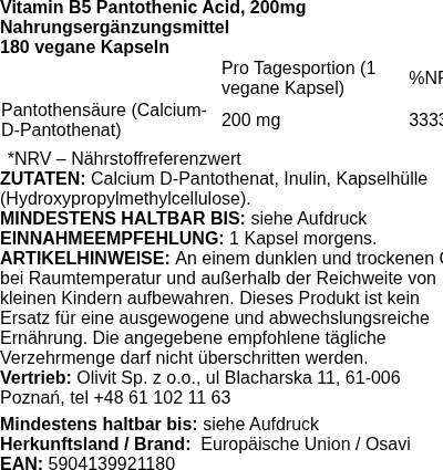Produktetikett — Vitamin B5 Pantothenic Acid, 200mg - 180 vegan caps