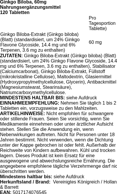 Produktetikett — Ginkgo Biloba, 60mg - 120 tablets
