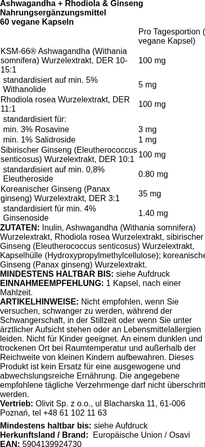 Produktetikett — Ashwagandha + Rhodiola & Ginseng - 60 vegan caps