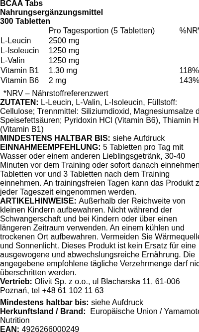 Produktetikett — BCAA Tabs - 300 tablets