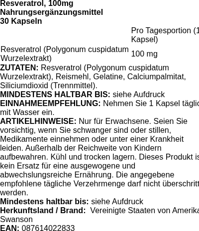 Produktetikett — Resveratrol, 100mg - 30 caps