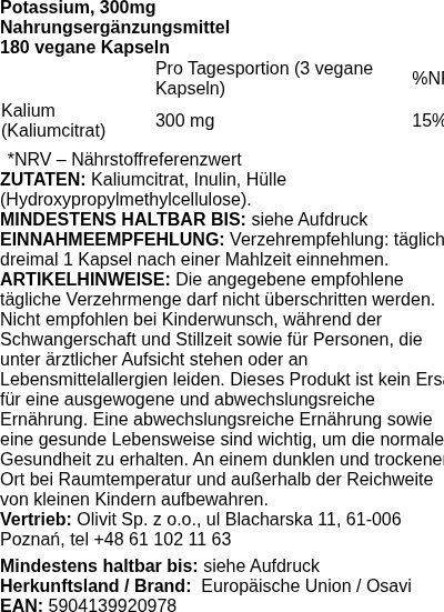Produktetikett — Potassium, 300mg - 180 vegan caps