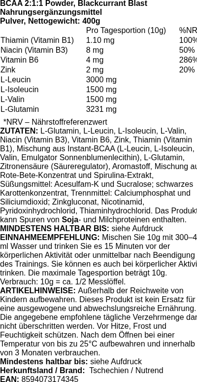 Produktetikett — BCAA 2:1:1 Powder, Blackcurrant Blast - 400 grams