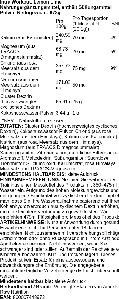 Produktetikett — Intra Workout, Lemon Lime - 873 grams