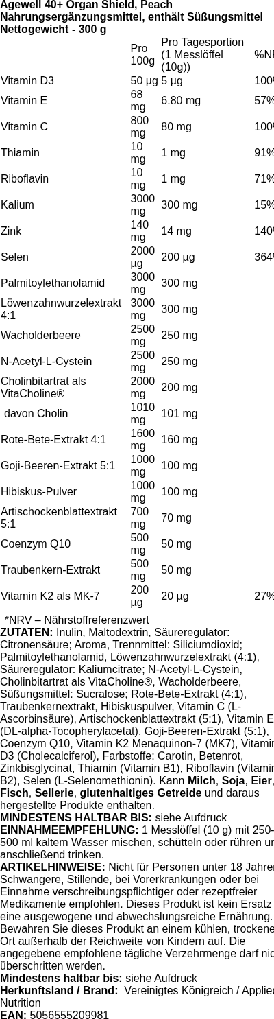 Produktetikett — Agewell 40+ Organ Shield, Peach - 300 grams