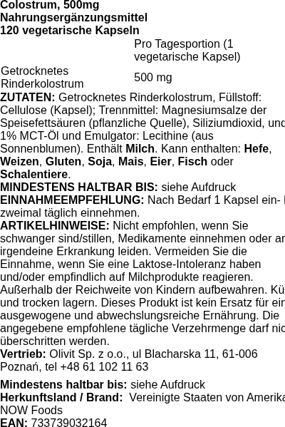 Produktetikett — Colostrum, 500mg - 120 vcaps