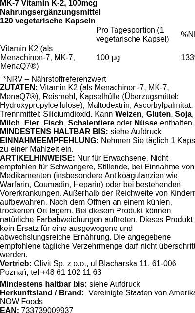 Produktetikett — MK-7 Vitamin K-2, 100mcg - 120 vcaps