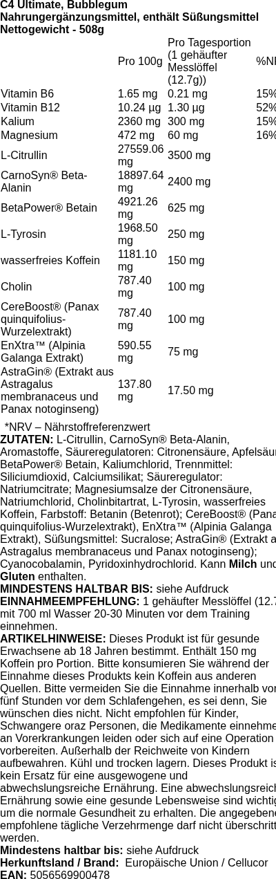 Produktetikett — C4 Ultimate (Old Formula), Bubblegum - 508 grams