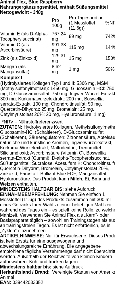 Produktetikett — Animal Flex, Blue Raspberry - 348 grams