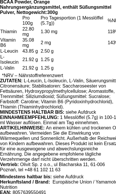 Produktetikett — BCAA Powder, Orange - 300 grams