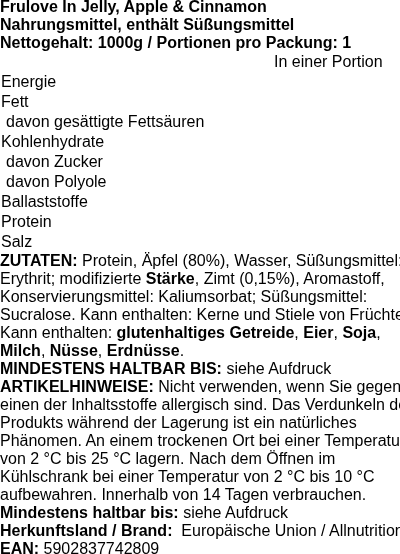 Produktetikett — Frulove In Jelly, Apple & Cinnamon - 1000 grams