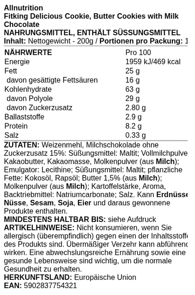 Fitking Delicious Cookie, Butter Cookies with Milk Chocolate (EAN ) - 200 grams - VitaeSupps