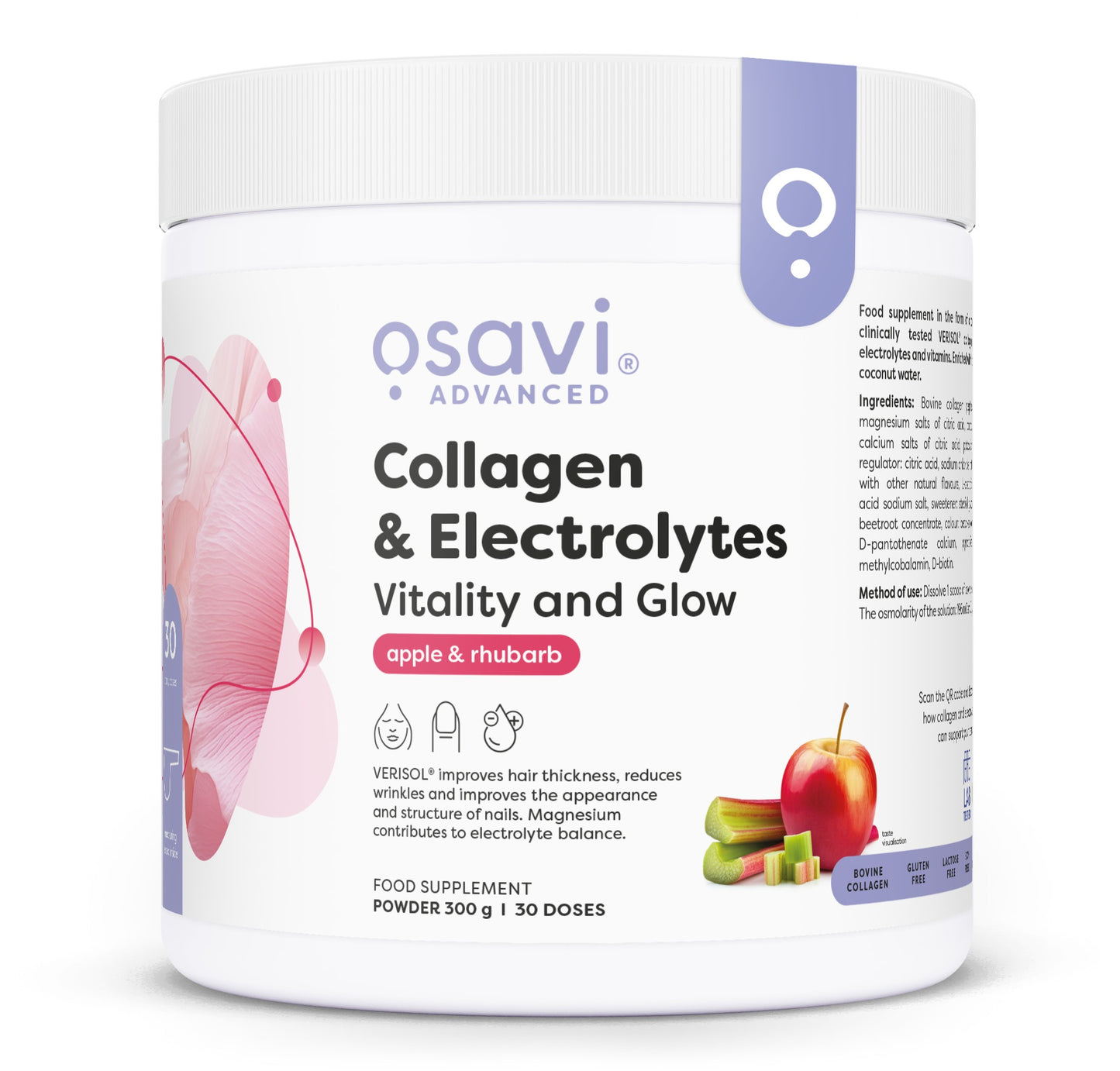 Collagen & Electrolytes Vitality and Glow, Apple & Rhubarb - 300 grams