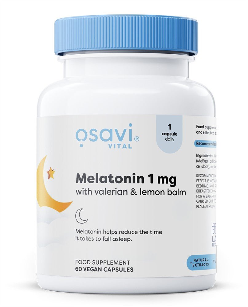 Melatonin with Valerian & Lemon Balm, 1mg - 60 vegan caps - VitaeSupps