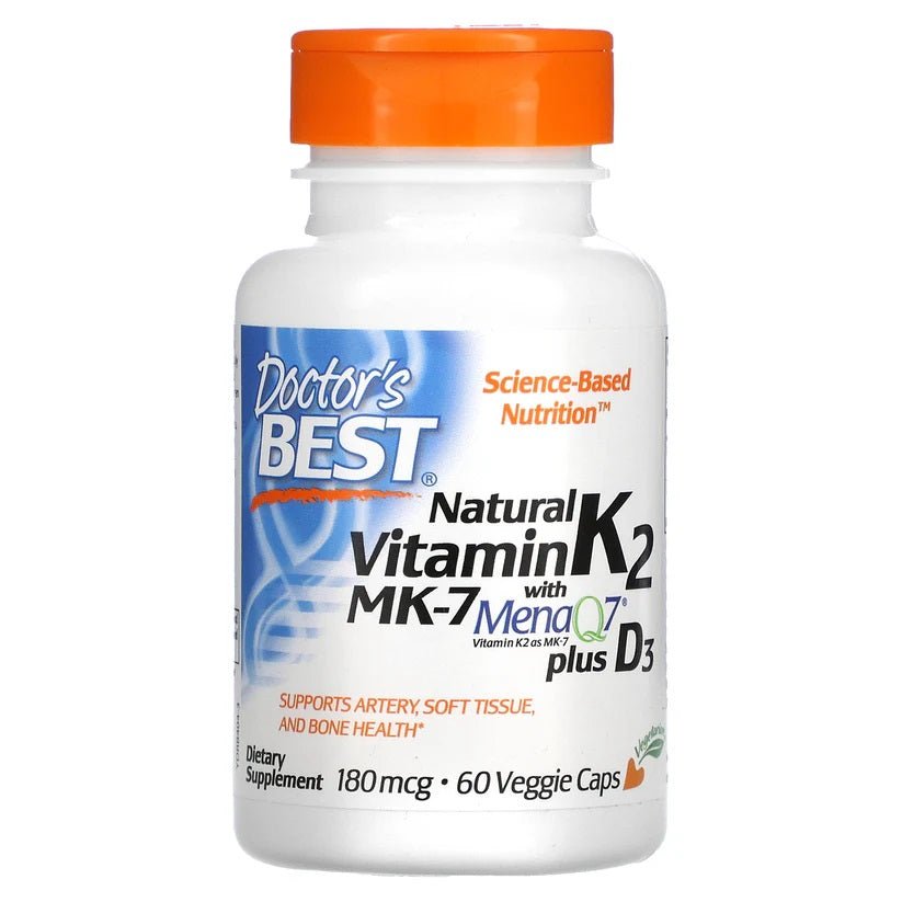 Natural Vitamin K2 MK7 with MenaQ7 plus D3, 180mcg - 60 vcaps - VitaeSupps