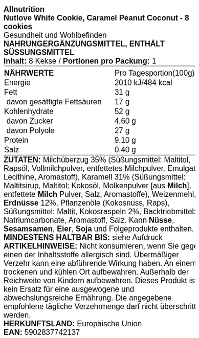 Nutlove White Cookie, Caramel Peanut Coconut - 8 cookies - VitaeSupps