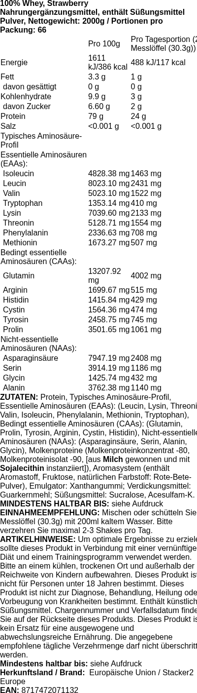 Produktetikett — 100% Whey, Strawberry - 2000g (PB 109957)