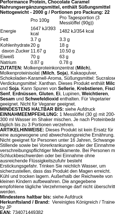 Produktetikett — Performance Protein, Chocolate Caramel - 2000g (PB 125005)