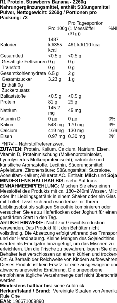 Produktetikett — R1 Protein, Strawberry Banana - 2260g (PB 114075)