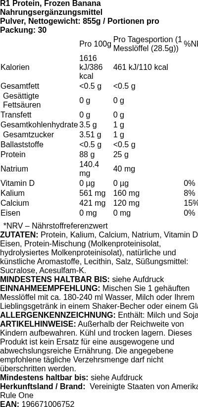 Produktetikett — R1 Protein, Frozen Banana - 855g (PB 110829)