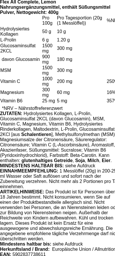 Produktetikett — Flex All Complete, Lemon - 400g (PB 105724)
