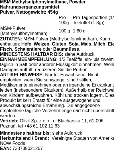 Produktetikett — MSM Methylsulphonylmethane, Powder  - 454g (PB 10401)