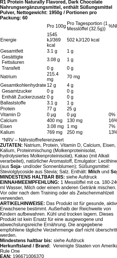 Produktetikett — R1 Protein Naturally Flavored, Dark Chocolate - 1950g (PB 115482)