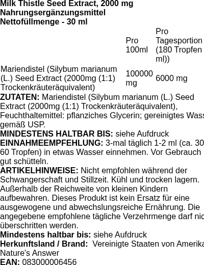 Produktetikett — Milk Thistle Seed Extract, 2000mg - 30 ml. (PB 121253)