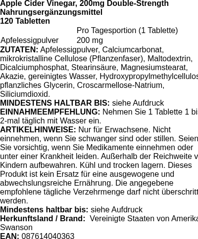 Produktetikett — Apple Cider Vinegar, 200mg Double-Strength - 120 tablets (PB 84338)