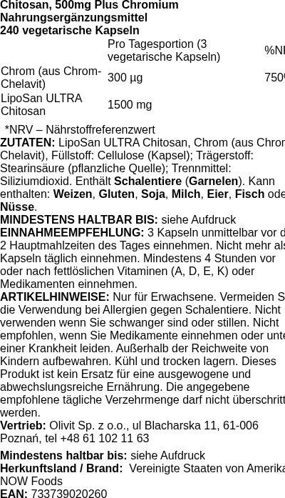 Produktetikett — Chitosan, 500mg Plus Chromium - 240 vcaps (PB 7095)