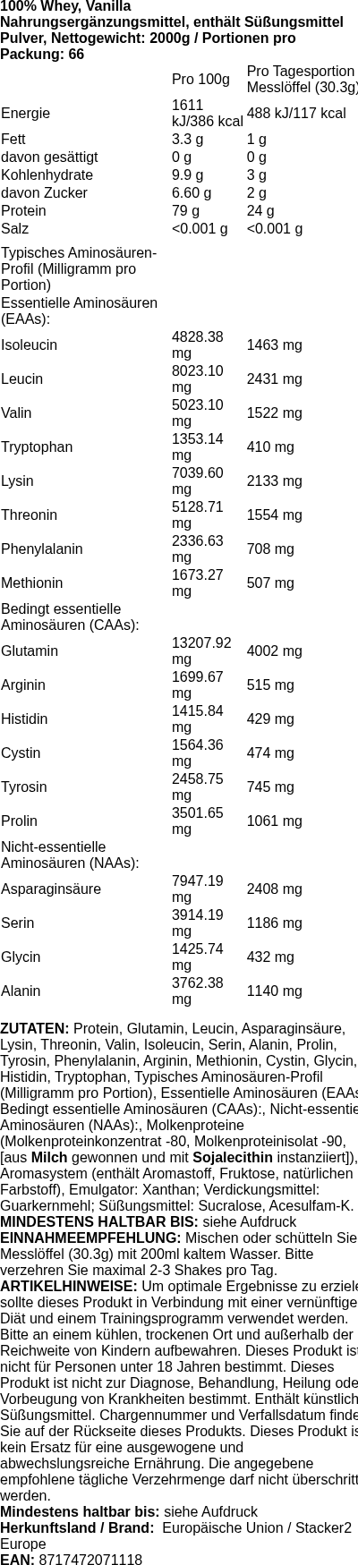 Produktetikett — 100% Whey, Vanilla - 2000g (PB 95497)