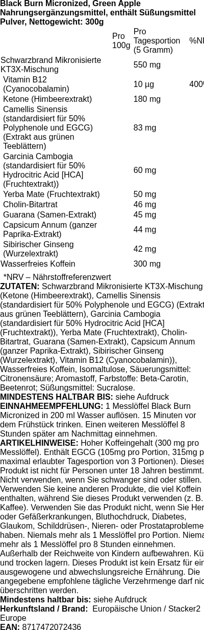 Produktetikett — Black Burn Micronized, Green Apple - 300g (PB 112314)