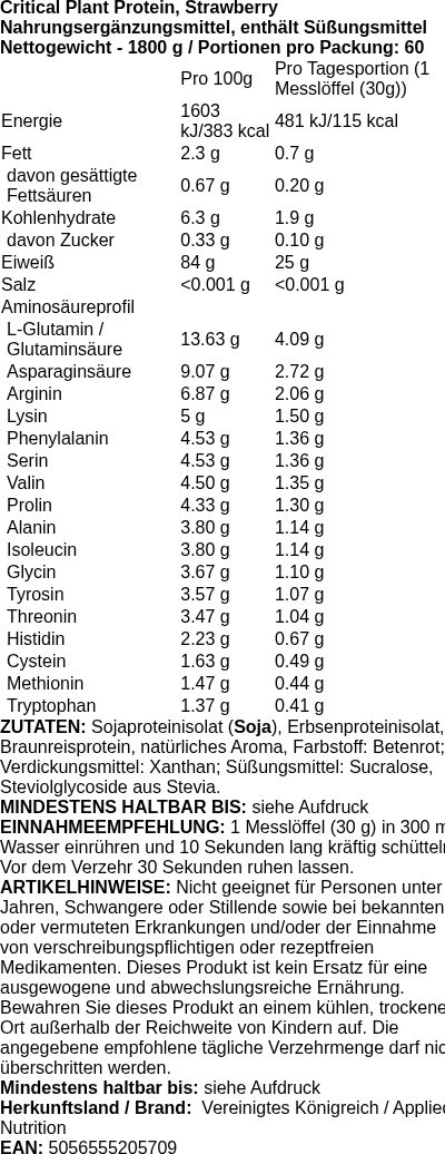 Produktetikett — Critical Plant Protein, Strawberry - 1800g (PB 120437)
