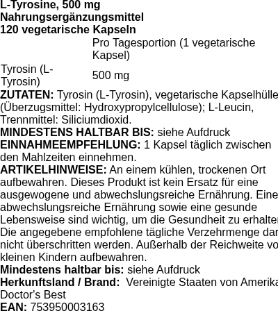 Produktetikett — L-Tyrosine, 500mg - 120 vcaps (PB 83040)