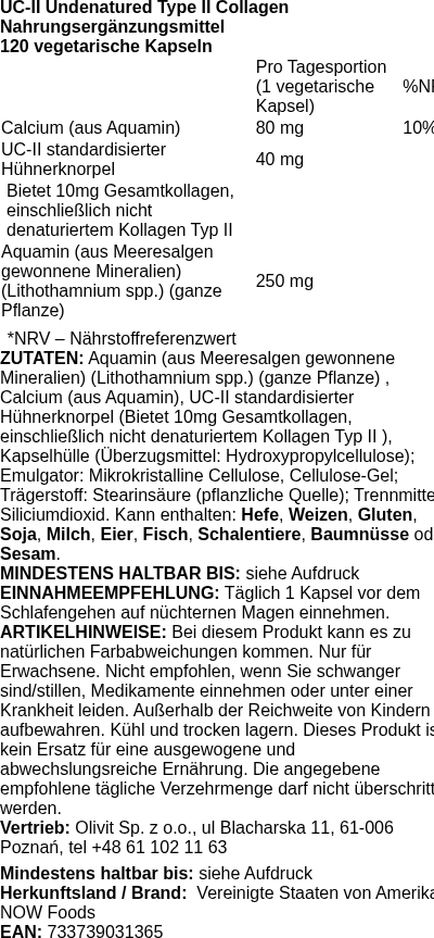 Produktetikett — UC-II Undenatured Type II Collagen - 120 caps (PB 72764)