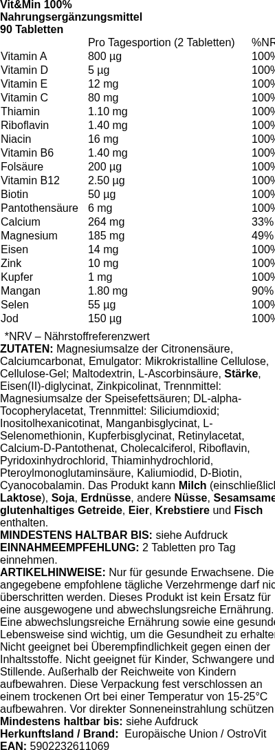 Produktetikett — Vit&Min 100% - 90 tablets (PB 124434)